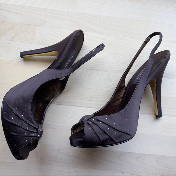 NINA New York Dark Brown Bronze Rhinestones Open Toe Heels Sandals Shoes size 10 - Picture 5 of 12